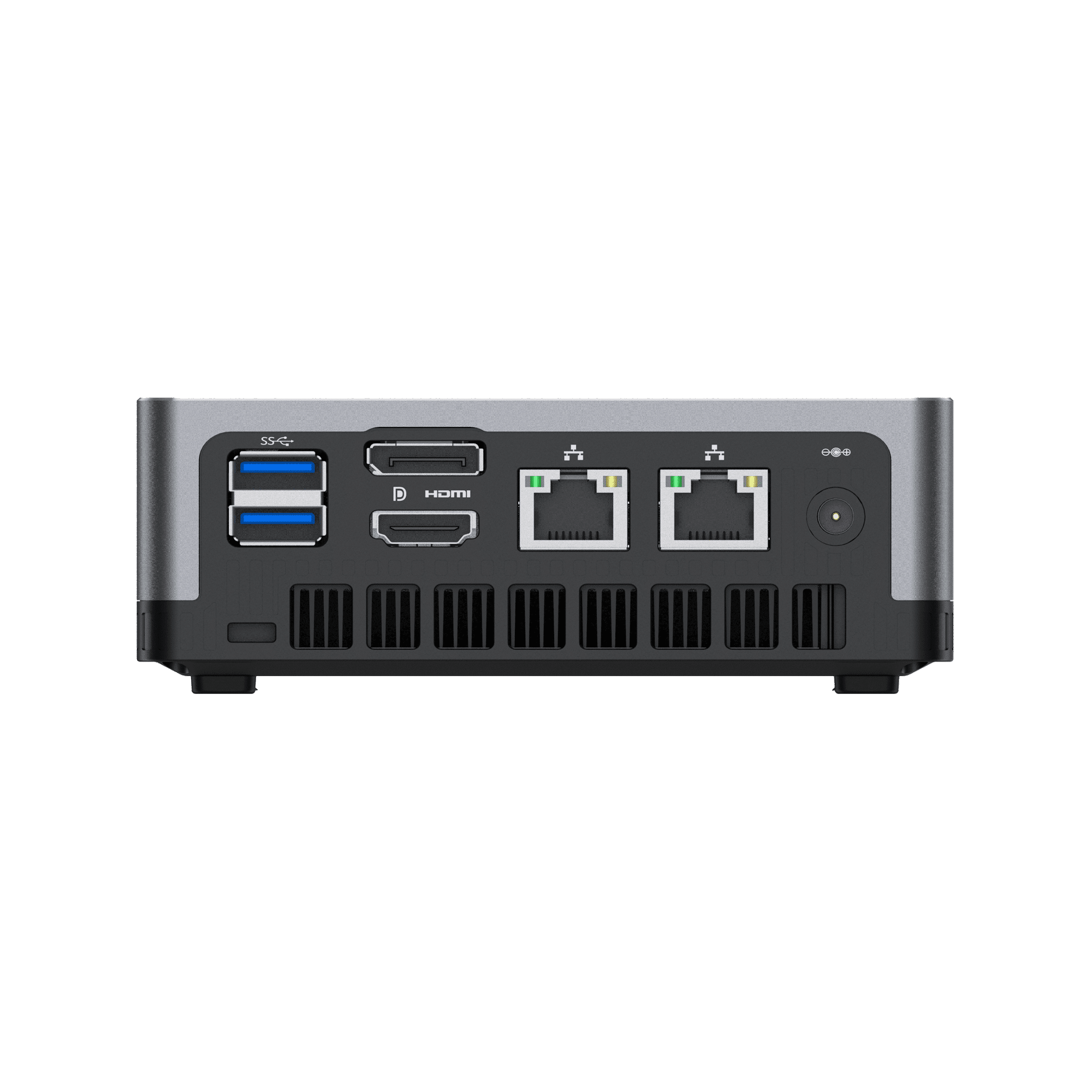 MinisForum EliteMini UM700 - Zeigt die rückwärtigen Anschlüsse: 2x USB Typ-A 3.0, 1x HDMI, 1x DisplayPort, 2x RJ45 Ethernet Ports und Power Port