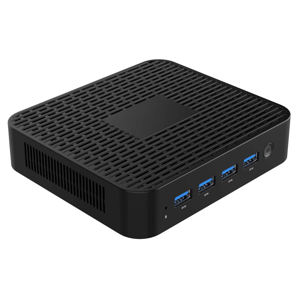 MinisForum GK41 - Shown from the front at angle with 4x USB 3.0 Ports and Power Button