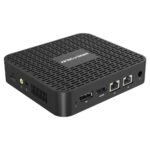 MINISFORUM GK50 Windows Mini PC - Showing from the rear at angle with HDMI Port, Display Port, 2x RJ45 Ethernet Ports and Power Port as well as Micro SD Card slot and Audio Ports