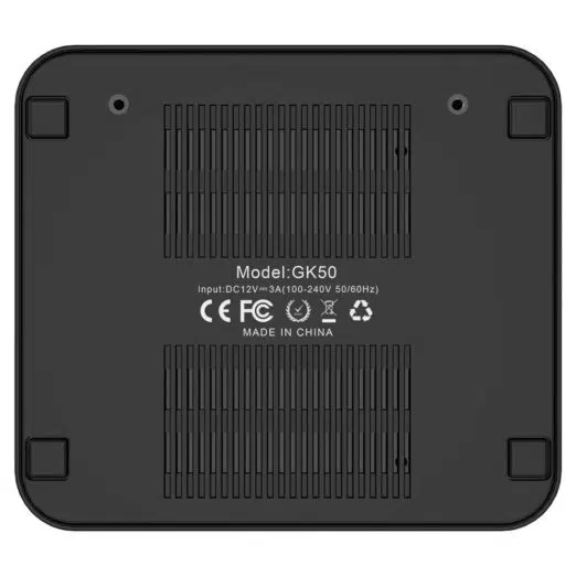 MINISFORUM GK50 Windows Mini PC - Showing from the bottom with Air Vents and Text
