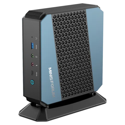MinisForum EliteMini HX90 Gaming Mini PC   Shown from the front with USB Type A 30 Microphone  Headphone Jack USB Type C and Power Button