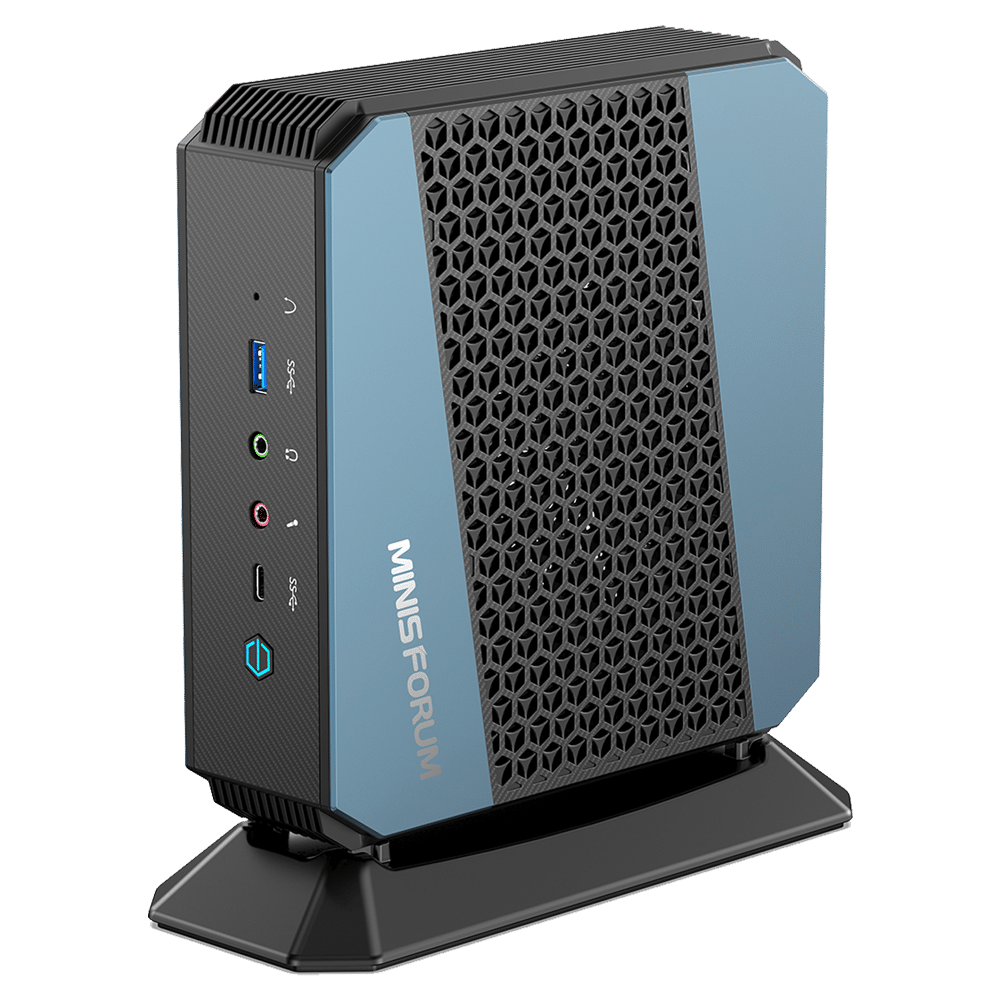 MinisForum EliteMini HX90 Gaming Mini PC - Shown from the front with USB Type-A 3.0, Microphone & Headphone Jack, USB-Type C and Power Button