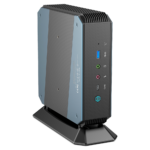 MinisForum EliteMini HX90 Gaming Mini PC - Shown from the front with USB Type-A 3.0, Microphone & Headphone Jack, USB-Type C and Power Button from a different angle