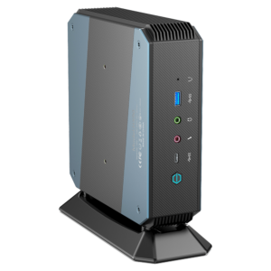 MinisForum EliteMini HX90 Gaming Mini PC - Shown from the front with USB Type-A 3.0, Microphone & Headphone Jack, USB-Type C and Power Button from a different angle