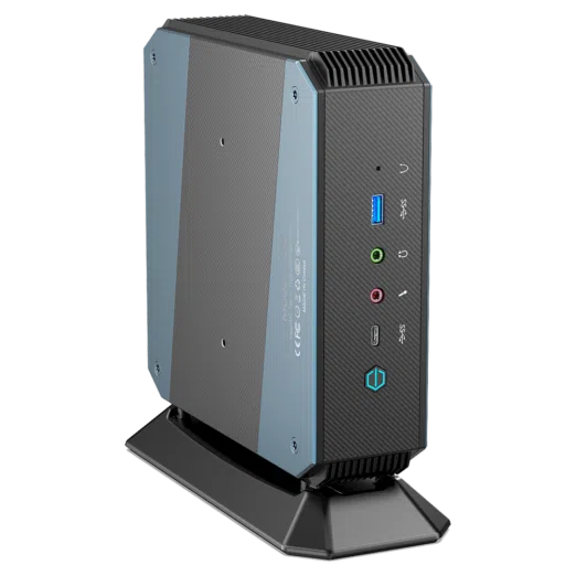 MINISFORUM-HX90-LISTING-PICTURE-2 MinisForum EliteMini HX90 Gaming Mini PC - Shown from the front with USB Type-A 3.0, Microphone & Headphone Jack, USB-Type C and Power Button from a different angle
