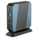 MinisForum EliteMini HX90 Vertical Gaming Mini PC - Shown from the rear at an angle from the right with Power Port, 4x Display Output, Headphone&Microphone Jack, 4x USB Type-C 3.0 and one 2.5G Ethernet Port
