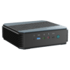 MinisForum EliteMini HX90 Gaming Mini PC Horizontal - Mostrado desde el frente con USB Tipo-A 3.0, micrófono y conector para auriculares, USB-Tipo C y botón de encendido desde un ángulo diferente