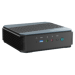 MinisForum EliteMini HX90 Gaming Mini PC Horizontal - Shown from the front with USB Type-A 3.0, Microphone & Headphone Jack, USB-Type C and Power Button from a different angle