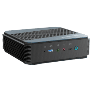 MinisForum EliteMini HX90 Gaming Mini PC Horizontal - Shown from the front with USB Type-A 3.0, Microphone & Headphone Jack, USB-Type C and Power Button from a different angle