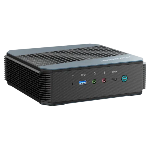MinisForum EliteMini HX90 Gaming Mini PC Horizontal - Shown from the front with USB Type-A 3.0, Microphone & Headphone Jack, USB-Type C and Power Button from a different angle