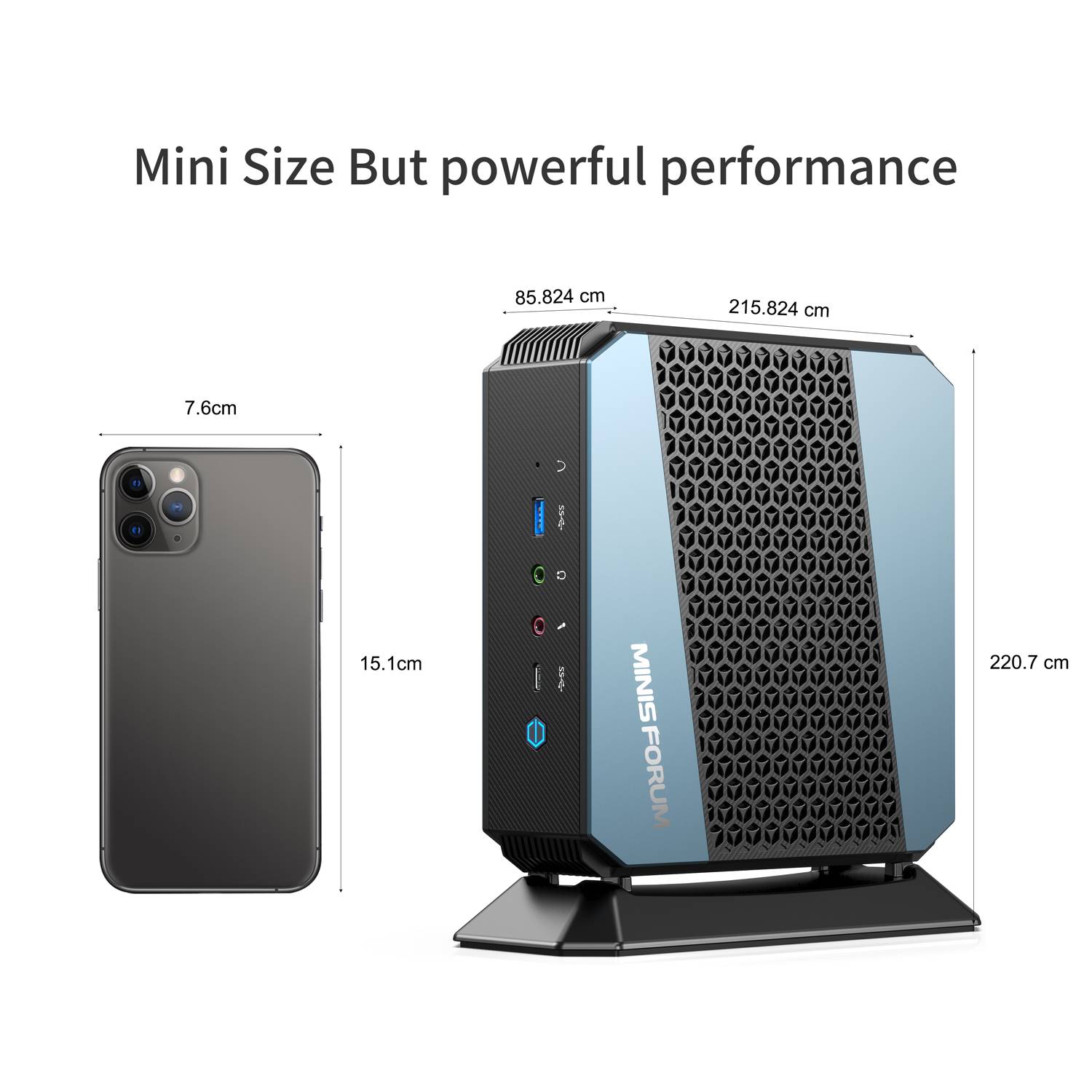 Image showing MinisForum HX90 EliteMini Mini PC comparing size with iPhone