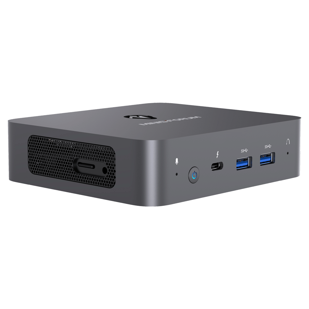 MinisForum X35G Windows Intel NUC Mini PC - Shown from the front at angle with Microphone, Power Port, USB Type-C and 2x USB Type-A 3.0