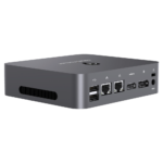 MinisForum X35G Windows Intel NUC Mini PC - Shown from the back at angle with 2x USB Type-A 2.0, 2x RJ45 Ethernet Ports, Display Port and HDMI Port