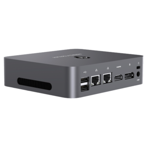 MinisForum X35G Windows Intel NUC Mini PC - Shown from the back at angle with 2x USB Type-A 2.0, 2x RJ45 Ethernet Ports, Display Port and HDMI Port