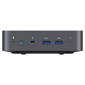 MinisForum X35G Windows Intel NUC Mini PC - Shown from the front with Microphone, Power Port, USB Type-C and 2x USB Type-A 3.0