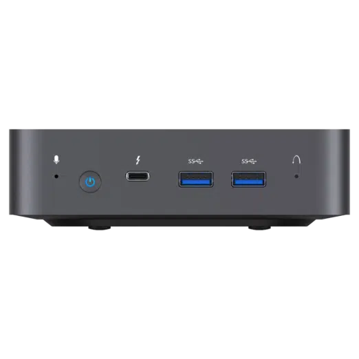 MinisForum X35G Windows Intel NUC Mini PC - Shown from the front with Microphone, Power Port, USB Type-C and 2x USB Type-A 3.0