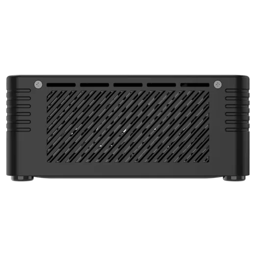 MinisForum EliteMini X500 Windows 10 Mini Computer - Shown from the front and right side