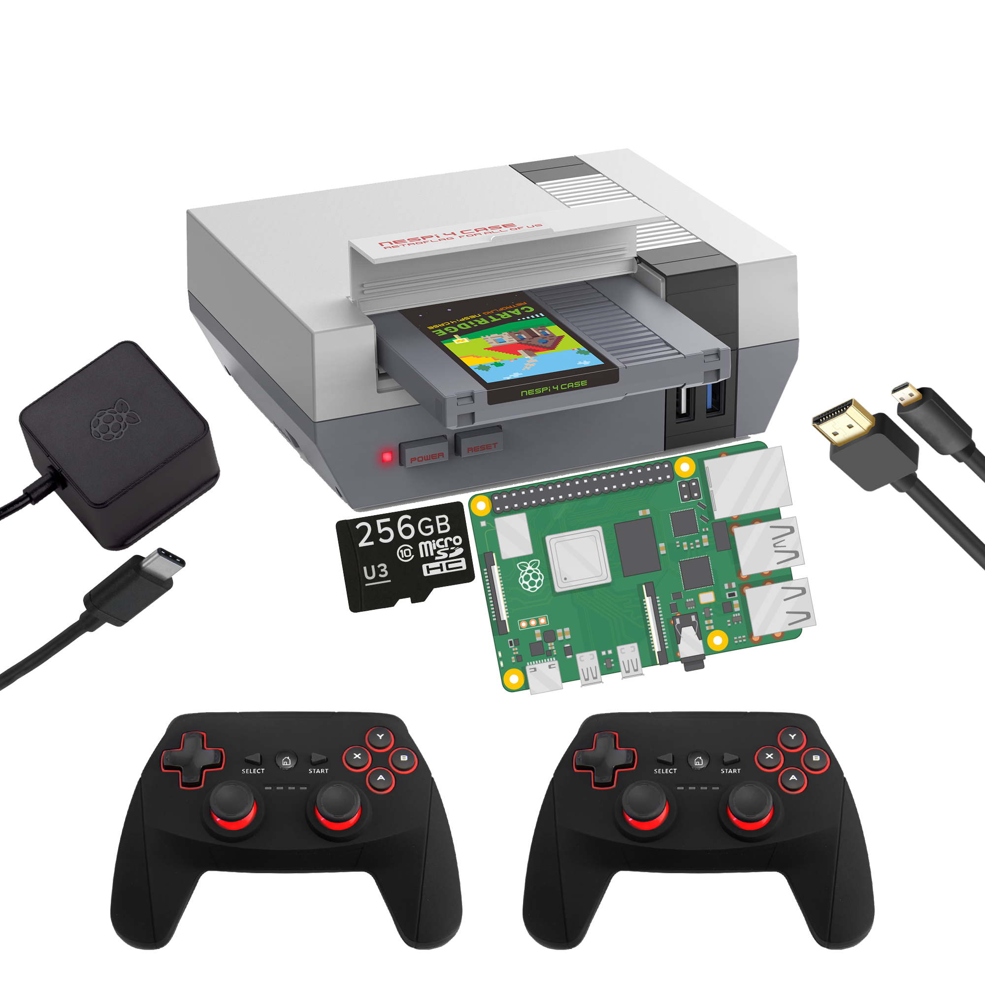 RETROFLAG NESPi 4 DIY Starting Kit for RetroPie Home Console - Showing everything included (R1 Gamepads)