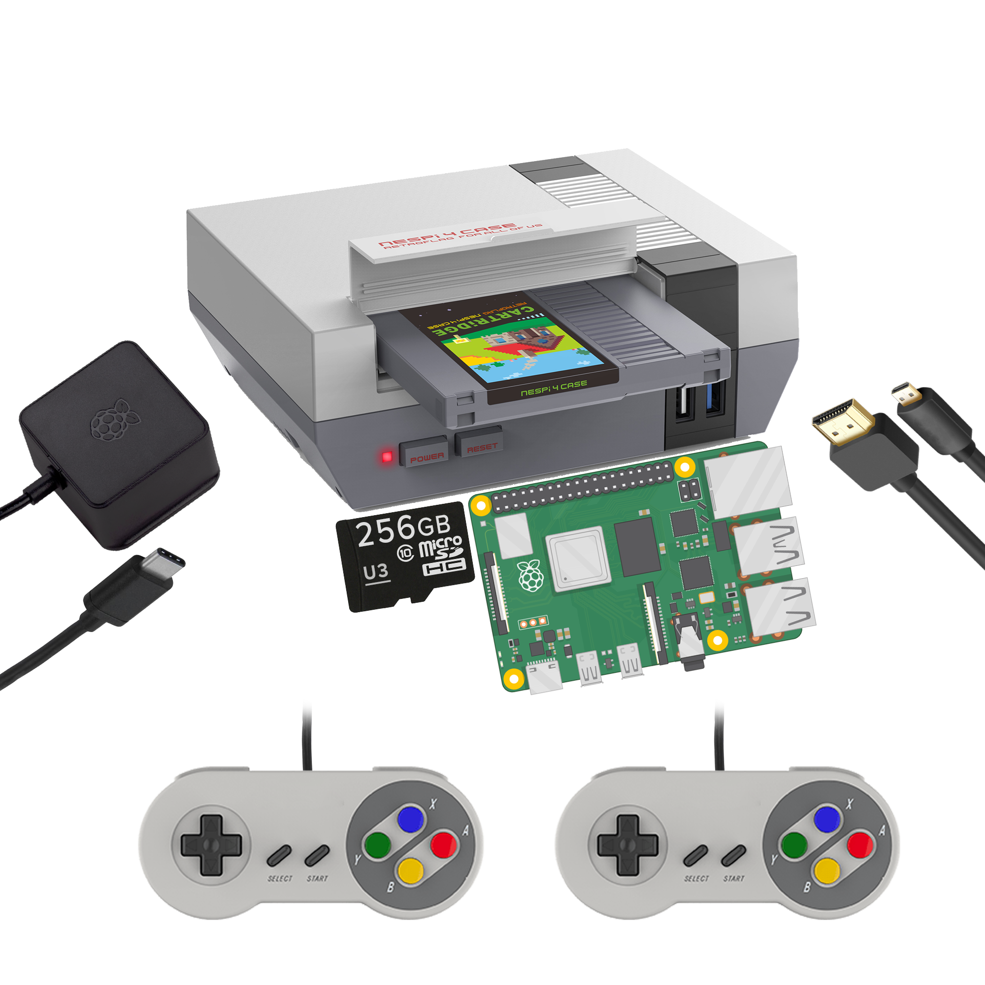 RETROFLAG NESPi 4 DIY Starting Kit for RetroPie Home Console - Showing everything included (SNES-Like Gamepads)