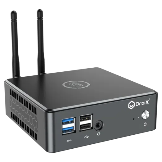 Proteus by DroiX Windows Mini PC - Shown from the front with 2x USB 3.0 Type-A, 2x USB Type-A 2.0, 1x 3.5mm Headphone&Mic combo