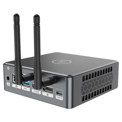 Proteus by DroiX Windows Mini PC - Shown from the rear with Display Port, HDMI Port, USB Type-C Port, 2x USB Type-A and RJ45 1GB/s Ethernet Port