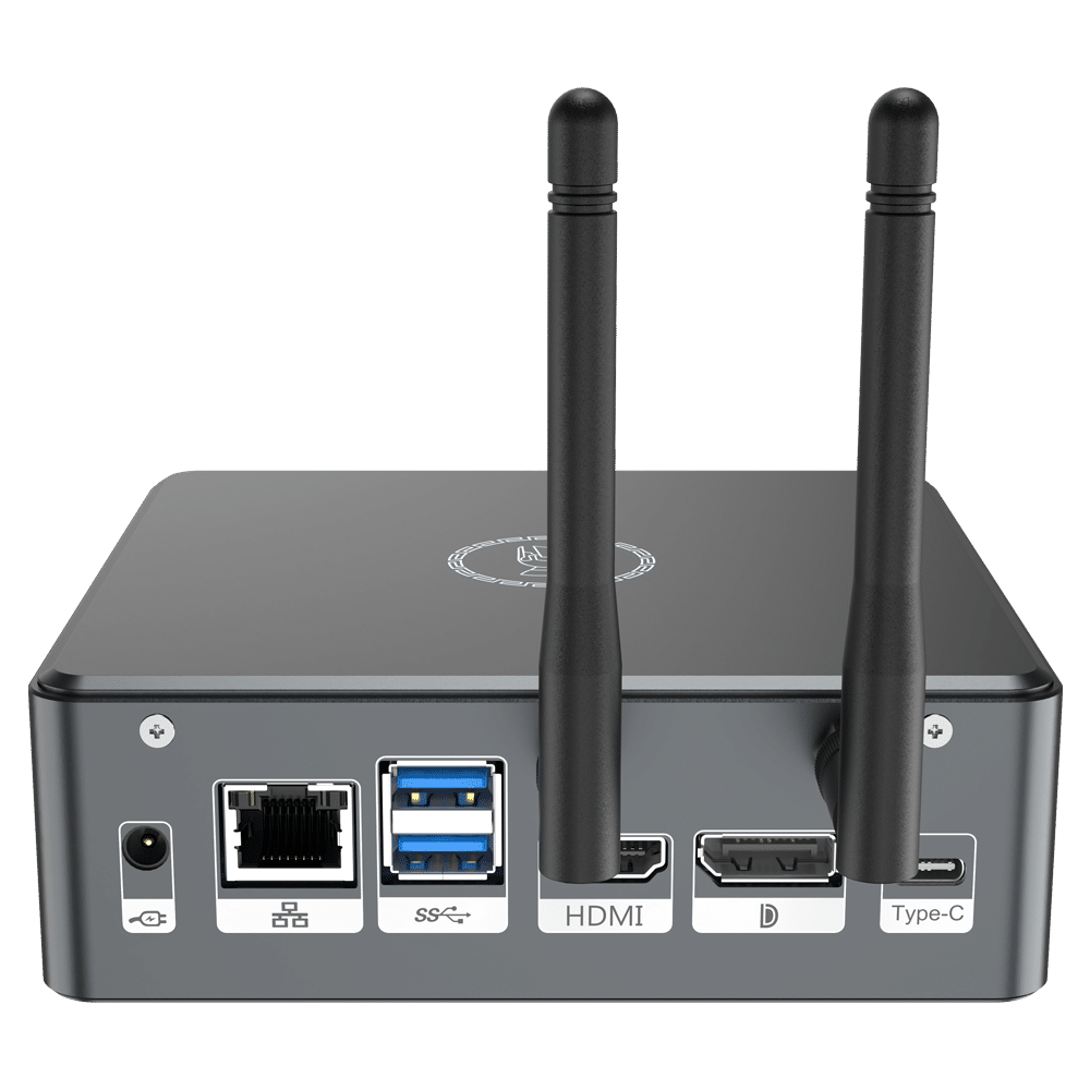 Proteus by DroiX Windows Mini PC - Shown from the rear with Display Port, HDMI Port, USB Type-C Port, 2x USB Type-A and RJ45 1GB/s Ethernet Port