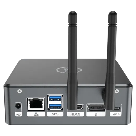 Proteus by DroiX Windows Mini PC - Shown from the rear with Display Port, HDMI Port, USB Type-C Port, 2x USB Type-A and RJ45 1GB/s Ethernet Port