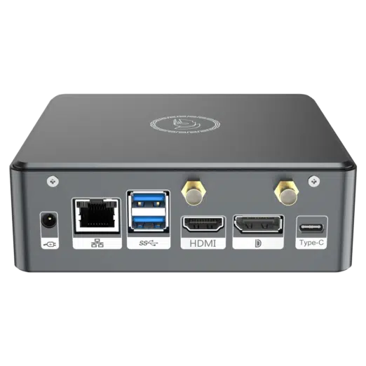 Proteus by DroiX Windows Mini PC - Shown from the rear with Display Port, HDMI Port, USB Type-C Port, 2x USB Type-A and RJ45 1GB/s Ethernet Port