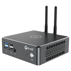 Proteus by DroiX Windows Mini PC - Shown from the front with 2x USB 3.0 Type-A, 2x USB Type-A 2.0, 1x 3.5mm Headphone&Mic combo