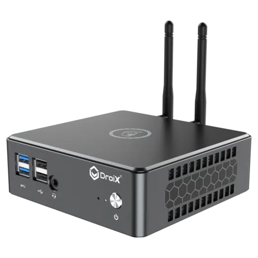 Proteus by DroiX Windows Mini PC - Shown from the front with 2x USB 3.0 Type-A, 2x USB Type-A 2.0, 1x 3.5mm Headphone&Mic combo
