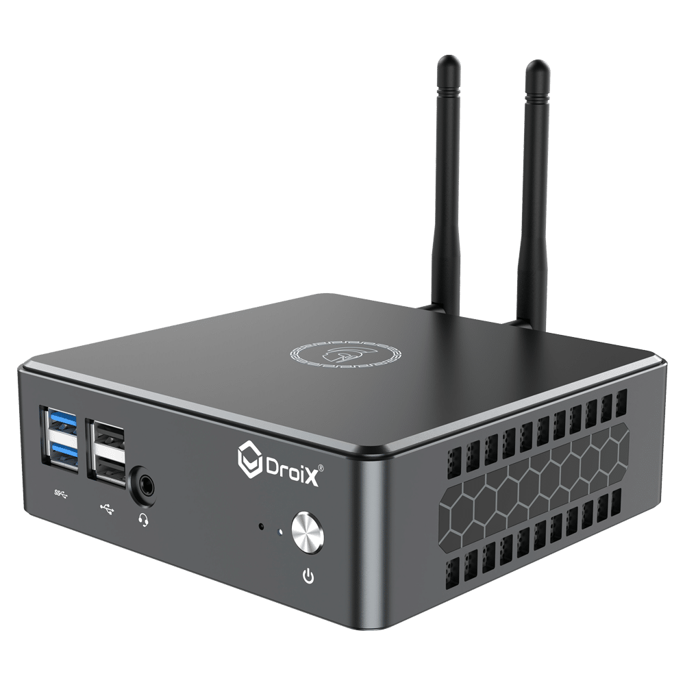 Proteus by DroiX Windows Mini PC - Shown from the front with 2x USB 3.0 Type-A, 2x USB Type-A 2.0, 1x 3.5mm Headphone&Mic combo