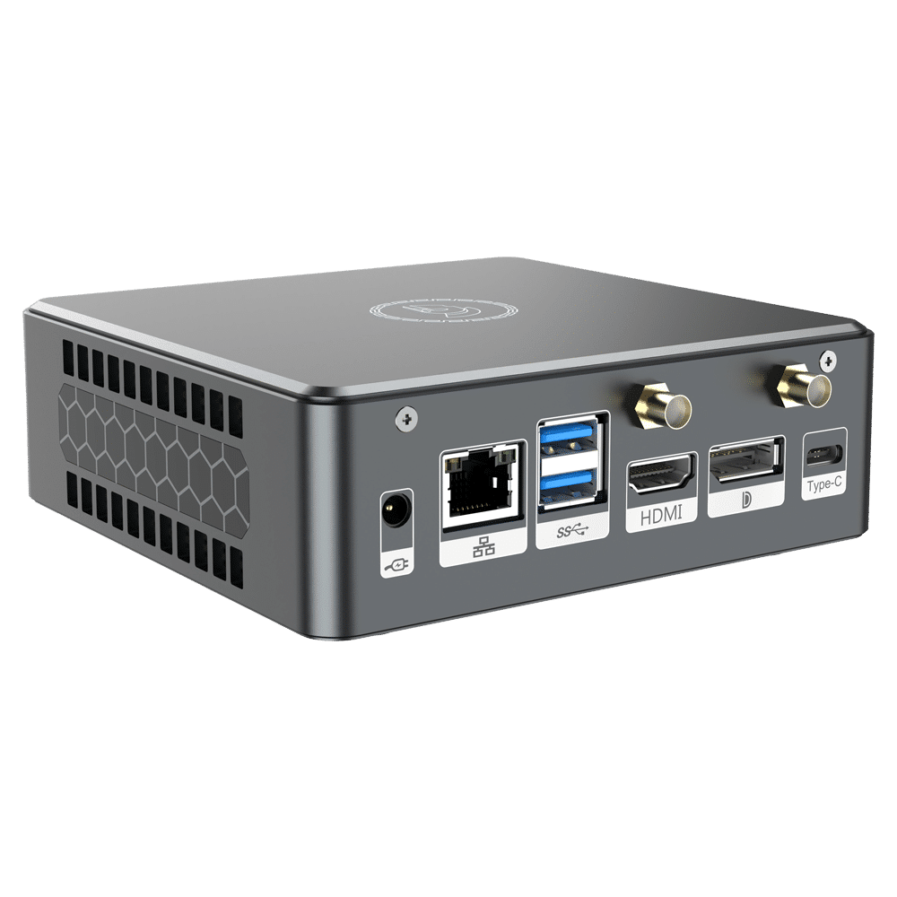Proteus by DroiX Windows Mini PC - Se muestra desde la parte trasera con puerto de pantalla, puerto HDMI, puerto USB tipo C, 2x USB tipo A y puerto Ethernet RJ45 de 1GB/s.