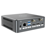 Proteus by DroiX Windows Mini PC - Se muestra desde la parte trasera con Display Port, puerto HDMI, puerto USB Type-C, 2x USB Type-A y puerto Ethernet RJ45 1GB/s.