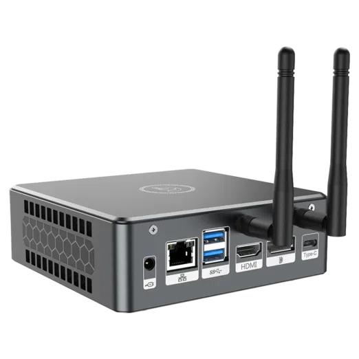 Proteus by DroiX Windows Mini PC - Shown from the rear with Display Port, HDMI Port, USB Type-C Port, 2x USB Type-A and RJ45 1GB/s Ethernet Port
