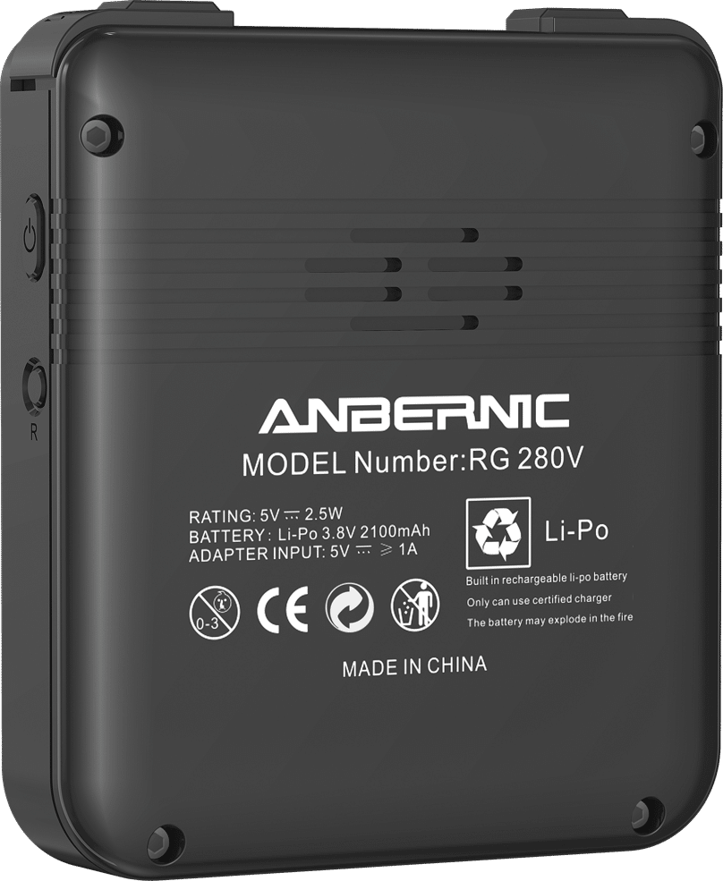 ANBERNIC RG280V Silver Retro Gaming Handheld - Affichage du dos avec le logo ANBERNIC ainsi que des boutons d'alimentation et de réinitialisation.