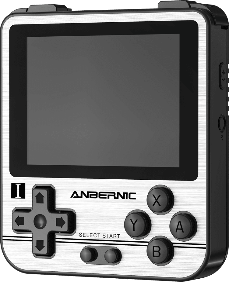 ANBERNIC RG280V Silver Retro Gaming Handheld - Boutons avant, écran et boutons d'alimentation et de réinitialisation.
