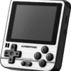 ANBERNIC RG280V Silver Retro Gaming Handheld - Showing front Buttons and Display at angle along with Power and Reset buttons