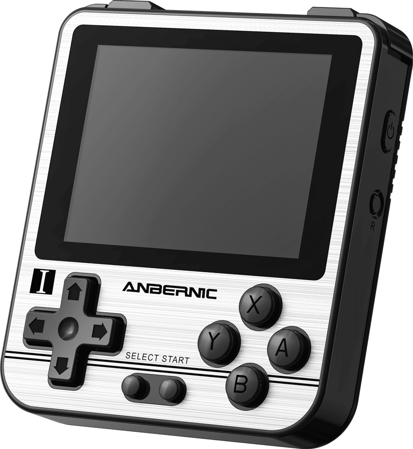 ANBERNIC RG280V Silver Retro Gaming Handheld - Affichage des boutons avant, de l'écran et des boutons d'alimentation et de réinitialisation.