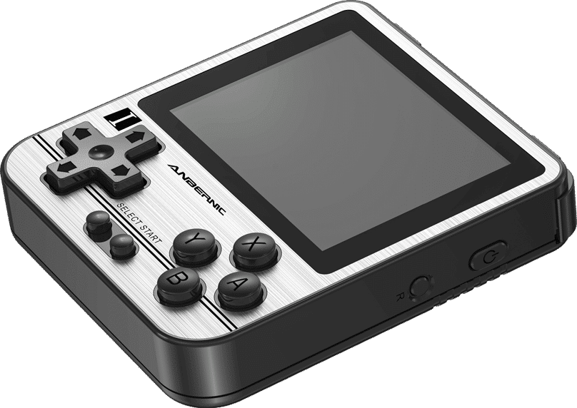 ANBERNIC RG280V Silver Retro Gaming Handheld - Affichage à plat sous un angle Affichage sous un angle avec les boutons d'alimentation et de réinitialisation