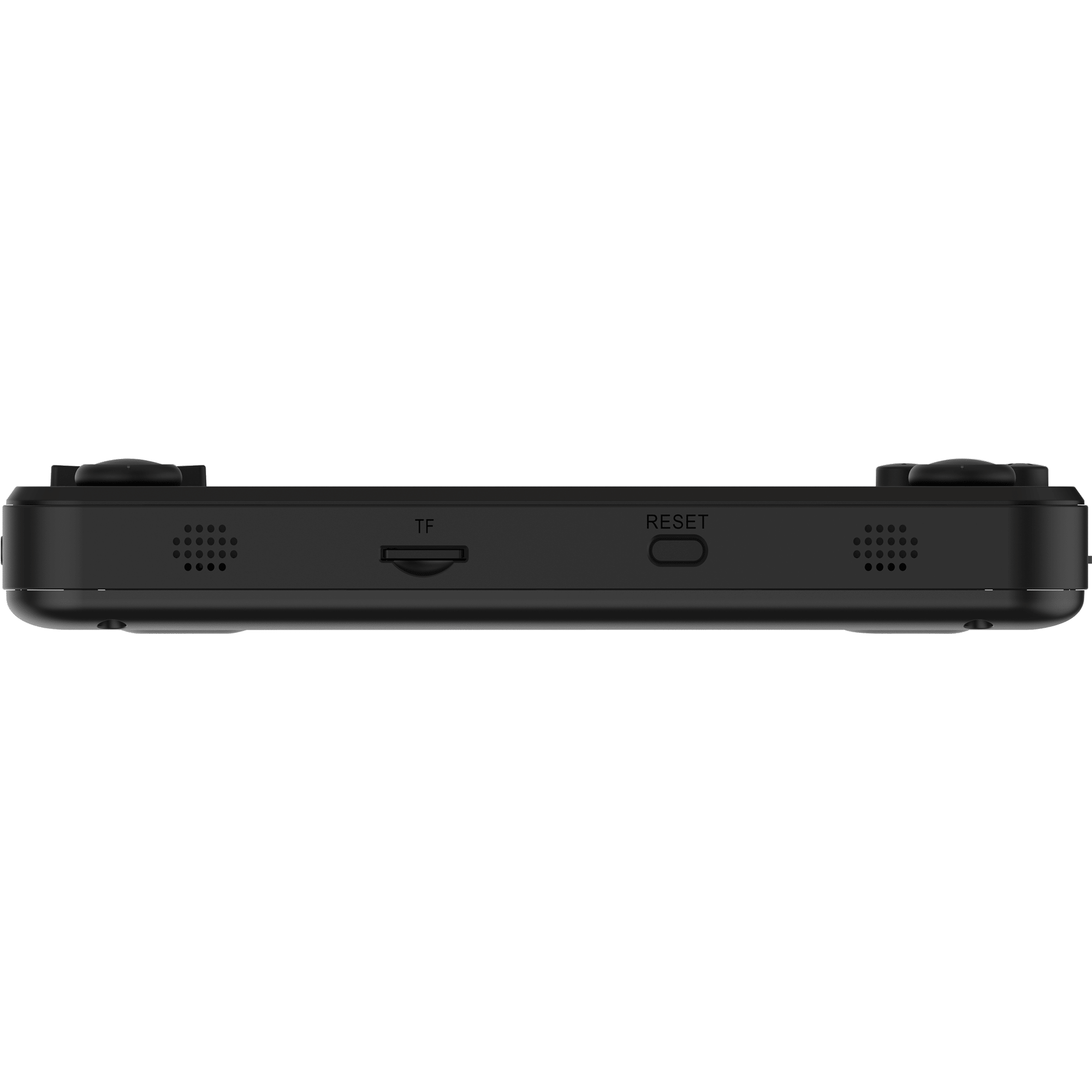 RG351P Emulatore di gioco retrò nero - mostra il fondo con altoparlanti, pulsante di reset e slot per schede MicroSD/TF