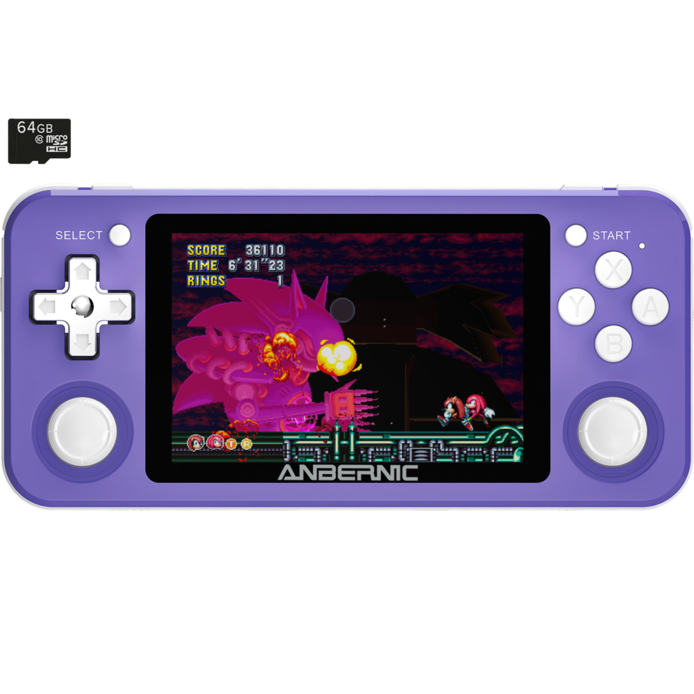 RG351P Púrpura con tarjeta MicroSD de 64 GB Emulador de juegos retro - Mostrando frente