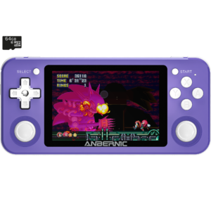 RG351P Púrpura con tarjeta MicroSD de 64GB Emulador de juegos retro - Mostrando el frente