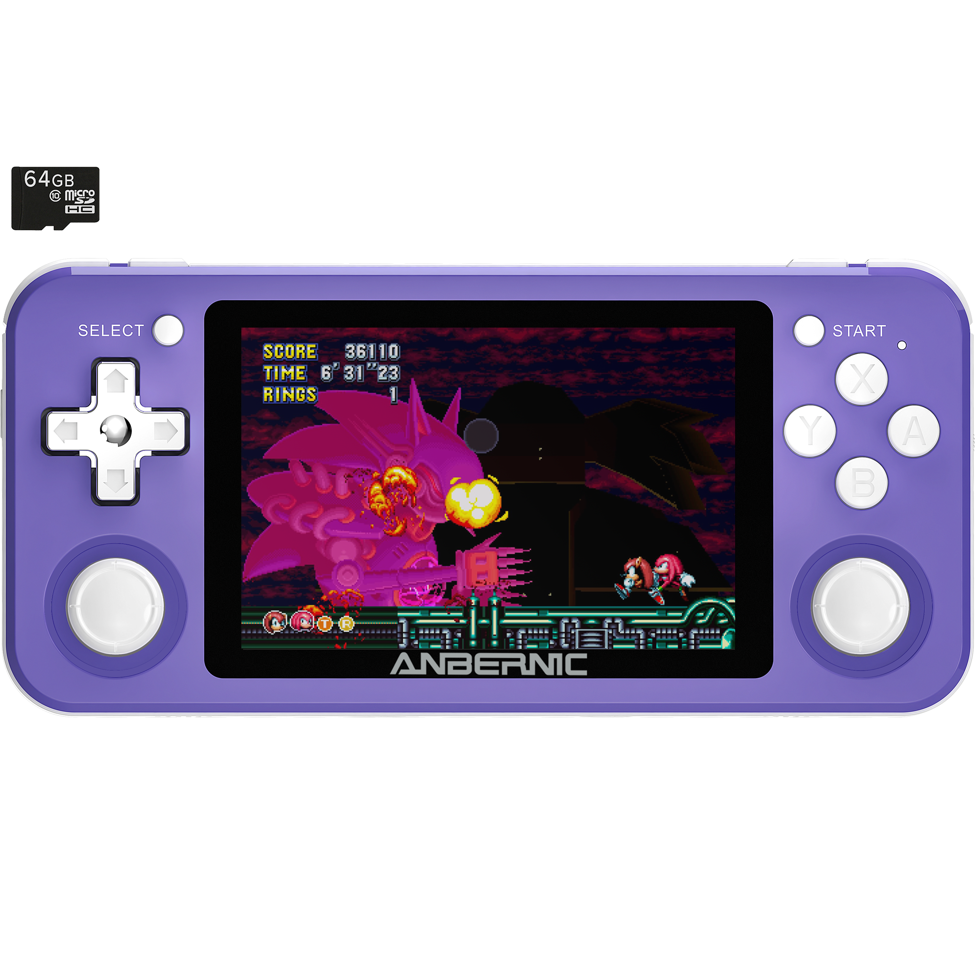 RG351P Púrpura con tarjeta MicroSD de 64GB Emulador de juegos retro - Mostrando el frente