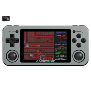 RG351M Space Grey Retro Gaming Handhelds - Darstellung von vorne mit Retro-Spielen