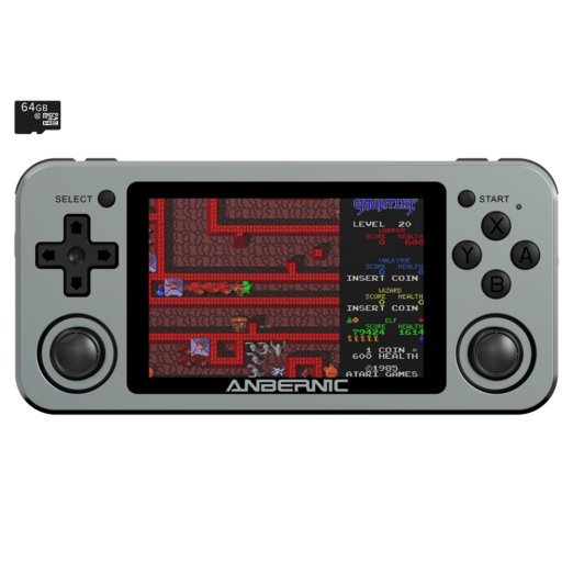 RG351M Space Grey Retro Gaming Handhelds   Showing from the front with retro game playing