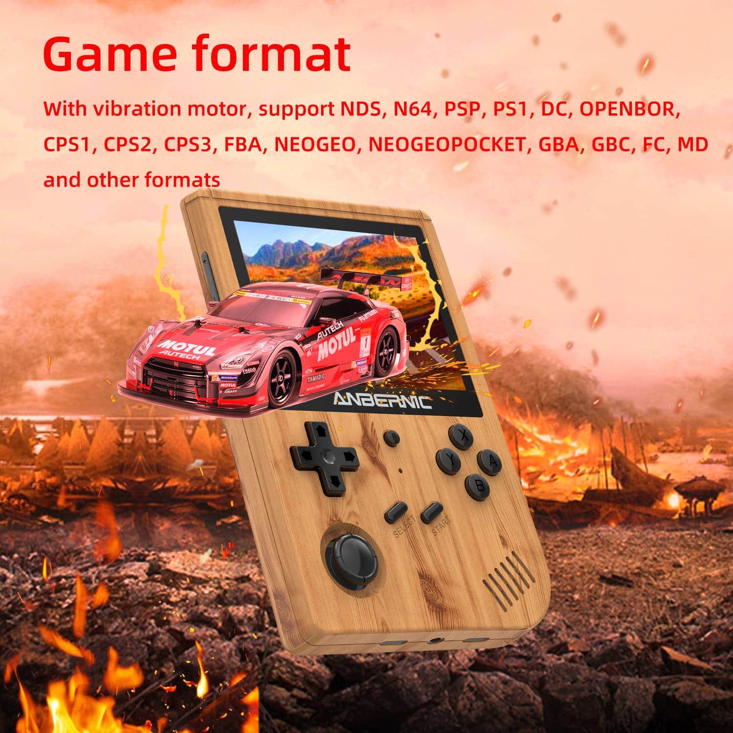 ANBERNIC Wood RG351V Retro Gaming Handheld - Showing supported game formats