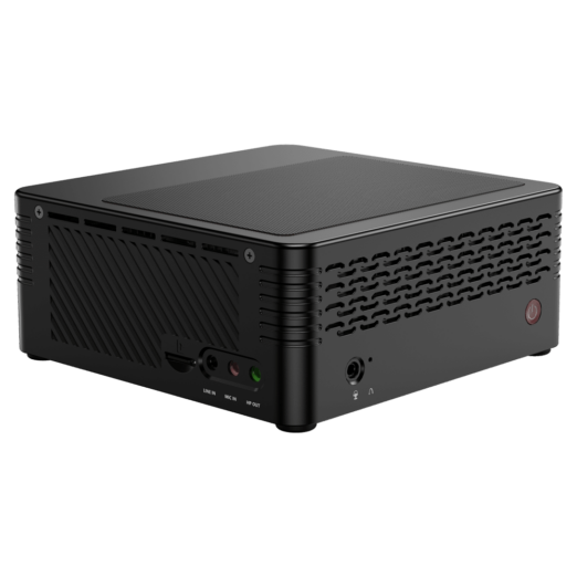 MinisForum EliteMini X400 Ryzen 3 PRO Mini Computer   Showing the device at an angle with Power Button Vents 35mm HeadphoneMicrophone Jack