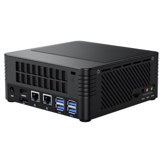 MinisForum EliteMini X400 Ryzen 3 PRO Mini Computer - Showing Rear I/O, including: 4x USB 3.0 Type-A, 2x RJ45 Ethernet Ports, HDMI Port, DP Port and Power Port