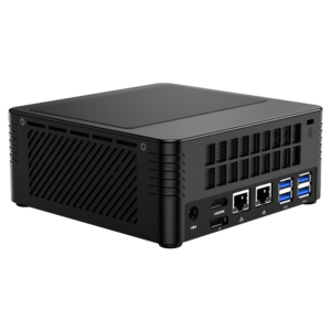 MinisForum EliteMini X400 Ryzen 5 PRO Mini Computer - Showing Rear I/O, including: 4x USB 3.0 Type-A, 2x RJ45 Ethernet Ports, HDMI Port, DP Port and Power Port