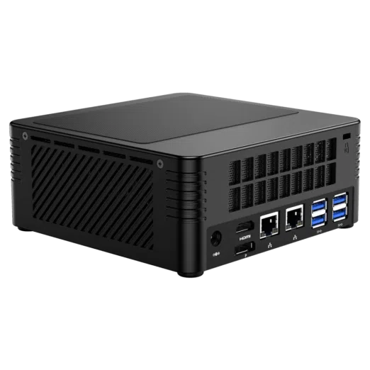 MinisForum EliteMini X400 Ryzen 3 PRO Mini Computer - Showing Rear I/O, including: 4x USB 3.0 Type-A, 2x RJ45 Ethernet Ports, HDMI Port, DP Port and Power Port